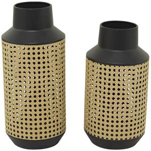 Vase inspiré tissé ouvert en métal marron de haute qualité en gros, lot de 2 14 ", 12" H - Product Image 1