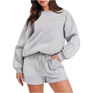 Wholesale 2025 Sweatsuit Sets <b>Women</b> Fashion Round Neck <b>Long</b> Sleeve Solid Color Casual Top Sweatshirt <b>Shorts</b> Set - Product Image 3