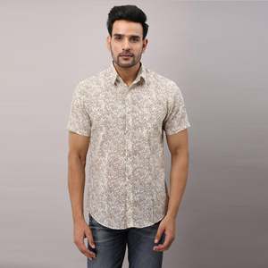 Beige Regular Men's Cotton Printed <b>Shirt</b> <b>Button</b>-Up Collar Short Sleeves Breathable Poplin Fabric New Condition Digital Single - Product Image 2