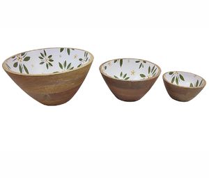 Ensemble de saladiers en bois de manguier écologiques faits à la main avec incrustation florale en émail, bols de service décoratifs en bois pour la cuisine et la maison - Product Image 1