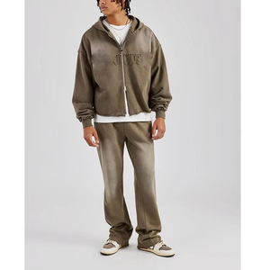Kaki Double fermeture éclair bord brut à capuche homme survêtements ensemble surdimensionné Boxy lavé Applique Zip haute qualité respirant imprimé Design - Product Image 5
