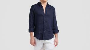 Camisa de Lino/Algodón Azul Marino para Hombre, Uso Diario, Casual, Manga Larga, Cuello Clásico, Tinte Liso, Antiencogimiento, Secado Rápido, Ecológica - Product Image 3