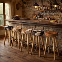 Tabouret de bar en cuir de vachette antique |   Meubles de restaurant et de café en bois massif, fabrication artisanale, style rustique, garantie 10 ans, AKKU ART