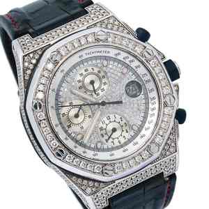 Montre chronographe de luxe d'occasion en acier inoxydable avec diamants en moissanite, entièrement sertie de diamants, bracelet en cuir noir, analogique, style antique et tendance - Product Image 1