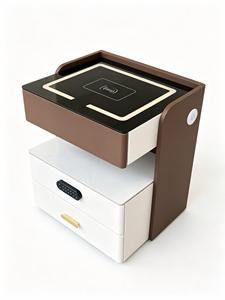 Table de chevet moderne avec chargeur sans fil, lumière tricolore, haut-parleur Bluetooth USB, 3 tiroirs, blanc et marron, meubles de chambre à coucher - Product Image 4