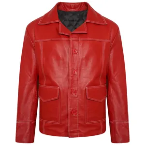 皮夹克制造商搏击俱乐部红色夹克4纽扣封口两个内外口袋定制皮夹克制造