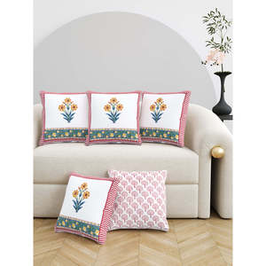Housse de coussin en coton imprimé bloc du Rajasthan fait à la main en rouge jaune ensemble de 5 pièces - Product Image 3