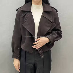 แจ็กเก็ตหนังนิ่มผู้หญิง, หนังนิ่มสีน้ำตาลโอเวอร์ไซส์ปกคอตั้งทรงหลวมแนวสตรีทฤดูใบไม้ผลิ - Product Image 1