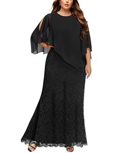 เดรสยาวทรงเอไลน์สำหรับผู้หญิงไซส์ใหญ่ S-5XL เอวธรรมชาติ แต่งลูกไม้ ผ้าชีฟอง ผ้าคลุมไหล่ ดีไซน์หรูหรา ทรงเข้ารูป ยาวคลุมเท้า เหมาะสำหรับงานปาร์ตี้ - Product Image 1