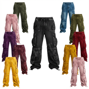 Pantalon cargo en denim de style vintage, jambe large, streetwear, coupe ample, utilitaire, multi-poches, mode, logo brodé personnalisé, pantalon en denim - Product Image 1