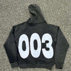 100% coton lavage à l'acide en détresse brodé Patch appliques sweats à capuche Baggy évasé pantalons de survêtement hommes sweat à capuche zippé et survêtement ensemble - Product Image 4