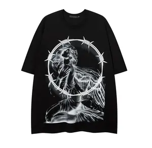 ヴィンテージTシャツストリートウェアカスタムDTGスクリーン印刷パターン特大ブラックホワイトカラーコットンOネックTシャツ男性用