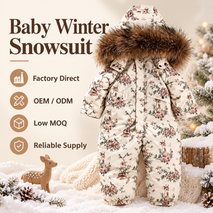 Tuta Invernale per Bambini con Stampa Floreale e Cervo, Imbottita con Cappuccio e Bordo in <span class=keywords><strong>Pelliccia</strong></span> Sintetica, Calda per Neonati e Bambini, Personalizzabile all'Ingrosso - Product Image 1