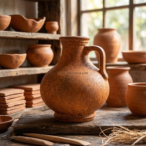 Vase en terre cuite rustique Mado Orange avec poignée, pot en argile artisanal, carafe décorative en céramique, urne de table en gros - Product Image 4
