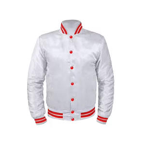 Chaqueta universitaria de satén de alta demanda Estilo vintage Serigrafía Ropa de calle Tipo de cierre de botón Chaqueta de bombardero transpirable para hombres - Product Image 1