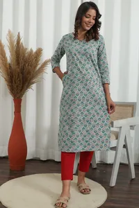 Coton Kurti traditionnel pour femmes de qualité supérieure imprimé à la main tissé tissage léger tissu respirant écologique pour - Product Image 5