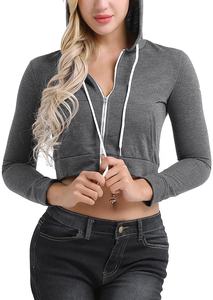 Sudadera corta con capucha para mujer, de manga larga, con cremallera, con bolsillos y cordón ajustable - Product Image 3