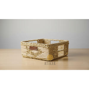 Compact Organizer 8x7.5x4 Inch Woven <b>Jute</b> and Recycled Plastic Hamper <b>Basket</b> with Handle for Bathroom Use - Product Image 2