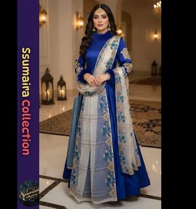 Bold Royal <b>Blue</b> High-Fashion Evening Dress Embellished Sleeves Bodice <b>Feathers</b> Organza Dupatta Vibrant <b>Blue</b> Teal Floral Motifs - Product Image 4