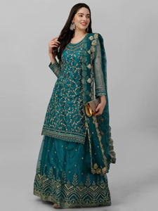 Trendmalls Ensemble de costumes Salwar à broderie en filet pour femme Kurta Lehenga avec Dupatta (G112-Morpeach) - Product Image 4