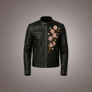 Veste en cuir exquise pour femmes fabriquée à la main avec broderie florale Vintage Print Rivet Biker Style Vêtements d'extérieur en couches en Inde - Product Image 1
