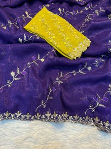 Sari de trabajo de secuencia de bordado crujiente suave inspirado en celebridad fiesta especial trabajo de piedra con pieza de blusa de contraste para adultos - Product Image 4