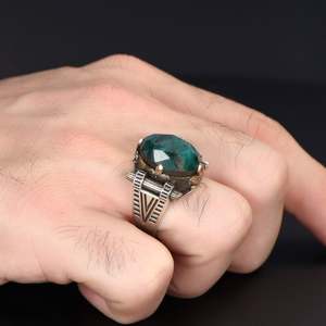 Azuris Custom Logo 925 Sterling Silver Ottoman Style <b>Men's</b> <b>Ring</b> Naturel <b>Black</b> Stone Handmade in Turkey VALKH1508 - Product Image 1