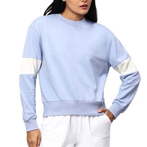 Sweat-shirt à col rond pour femme, couleur bleu clair, à blocs de couleurs, manches longues, tricoté en coton et fibre de bambou, décontracté, pour l'automne - Product Image 6