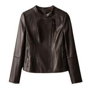 Recién llegado, chaqueta de cuero 100% con cuello levantado para mujer, abrigo de Moto, Top corto de cuero de motorista Camel genuino, chaquetas para mujer - Product Image 6