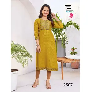 New Trending Design Wedding and Party Occasion Women Plus Size Dress Rayon Gold Kurti for Worldwide Supplier at Bulk Price