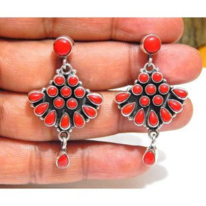 Pendientes finos hechos a mano de Plata de Ley 925 con cabujón de Coral Natural y Diamante oxidado, regalo de joyería elegante para ella - Product Image 4