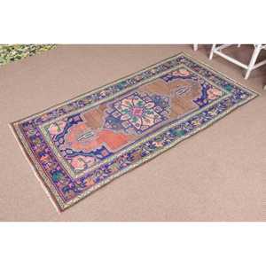 Alfombra Turca Tradicional de Lana de 3.3x6.7 pies con Diseño de Parches a Rayas Azules y Base de Látex - Product Image 2