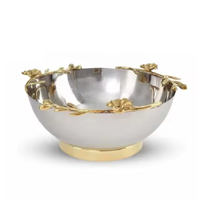 Bol à fruits en métal moderne contemporain argent fantaisie travail forme ronde bol de service avec attache de feuille en métal doré Arts métalliques modernes - Product Image 4
