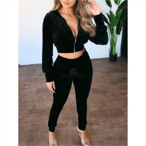 <b>Women's</b> Velour Tracksuits Set Hooded Crop Top Sweatpants Long Sleeve 2 Piece <b>Joggers</b> <b>Outfits</b> - Product Image 5