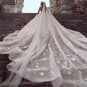 Apliques de lujo Vestido de novia con cuentas de lentejuelas Manga larga Flores Tren de barrido Vestidos de novia transparentes para mujeres - Product Image 4