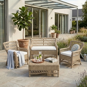 Natural Woven <b>Rattan</b> Outdoor <b>Sofa</b> Set 4 Piece Lattice Loveseat Armchairs Rectangular Coffee Table Setup Pure Art Design - Product Image 3