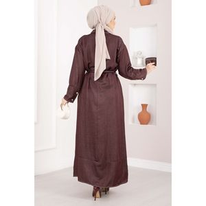 Robe en denim Tencel bordeaux à demi-boutonnage et ceinture, manches courtes, coupe droite modeste, élément de mode simple - Product Image 4