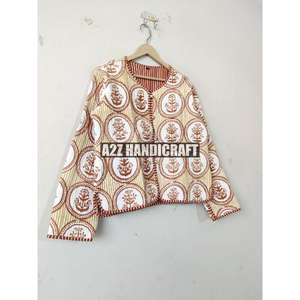 Handmade Reversible Cotton <b>Quilted</b> Jacket Animal Print Stripe Party Wear Winter Autumn Coat Front Open Indian Block Print - Product Image 3