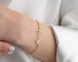 Delicado oro Flor de nacimiento pulsera mujer plata diciembre piedra de nacimiento pulsera acebo pulsera con piedra de nacimiento flor encanto - Product Image 6