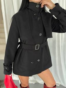 Elegant <b>Black</b> Trench Coat With Belt Stand Collar Full Sleeve Solid Color Autumn Wear Windproof Short Length Women's Coat - Product Image 1