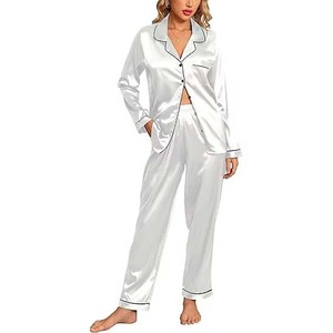 Vêtements de détente en satin de soie personnalisés en gros léger respirant à manches longues col rabattu pyjamas élégants pour vêtements de nuit pour femmes - Product Image 1