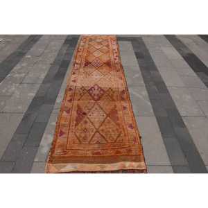 2.8x11.2 ft Vintage Turkish Rug, Runner Rug, <b>Brown</b> Pink Striped <b>Wool</b> Rug - Product Image 1