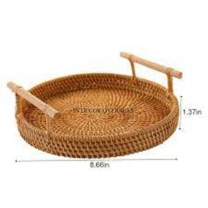 Newly Arrival Best Quality Rattan Made Round Shape <b>Food</b> Items Serving Luxury <b>Tray</b> With Handles From India In Impressive Price - Product Image 1
