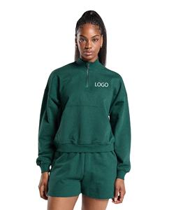 Sweat-shirt à fermeture éclair pour femmes pull surdimensionné Logo personnalisé Streetwear décontracté 100% coton demi-fermeture éclair à manches longues pull uni - Product Image 1