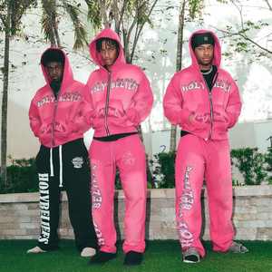 Ensemble survêtement personnalisé avec fermeture éclair, lavage à l'acide, appliqué, broderie, sweat-shirt délavé, jogging, pantalon de survêtement évasé et sweat-shirt - Product Image 5