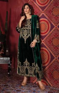 ชุดกำมะหยี่วิสโคสแบบไม่เย็บติดกันของปากีสถาน พร้อมงานปักลาย ประกอบด้วยกางเกงผ้าแจ็คการ์ดและผ้าคลุมไหล่ - Product Image 3