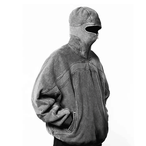 Sweat à capuche thermique vintage délavé à l'acide surdimensionné de qualité supérieure, fabriqué sur mesure, masque intégral tactique en gros pour hommes - Product Image 1
