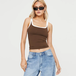 Débardeur côtelé coupe ajustée basique pour femmes col carré contraste de couleur extensible doux haut court en polyester en gros - Product Image 1