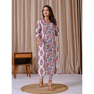 Kurti de Algodón con Estampado Jaal Blanco y Rosa, Corte Recto, Ropa Regional - Product Image 4