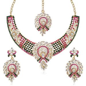 Kriaa <b>Gold</b>-Plated Fine <b>Jewelry</b> <b>Set</b> Green & Pink Austrian Stone Necklace with Maang Tikka - Product Image 1